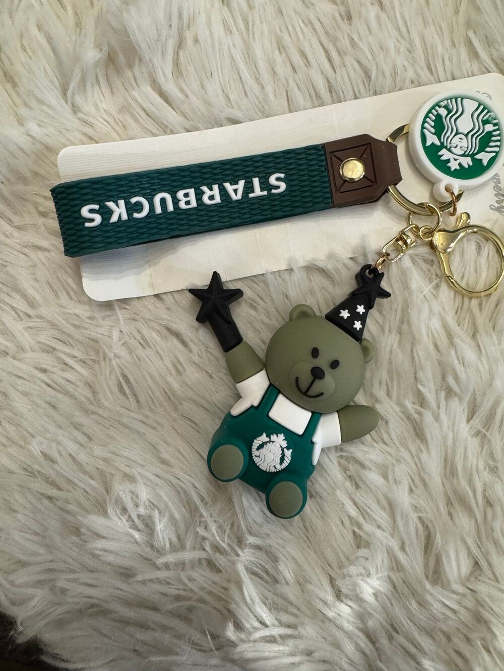 Starbucks bear keychain star  hat white Starbucks logo green overalls wand